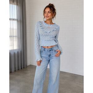 LFD NWT Light Blue Pointelle Knit Ruffle Sweater Women’s L Cropped Long Sleeve